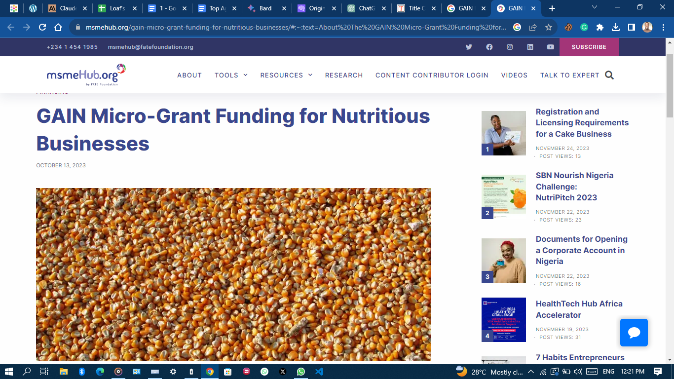 Global Alliance for Improved Nutrition (GAIN) offers grant funding opportunities for agribusiness entrepreneurs in Nigeria
