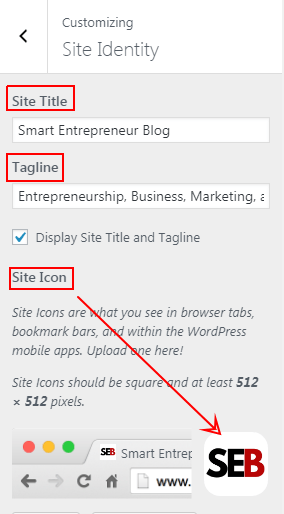 change site identify here - site icon - site title - site tag