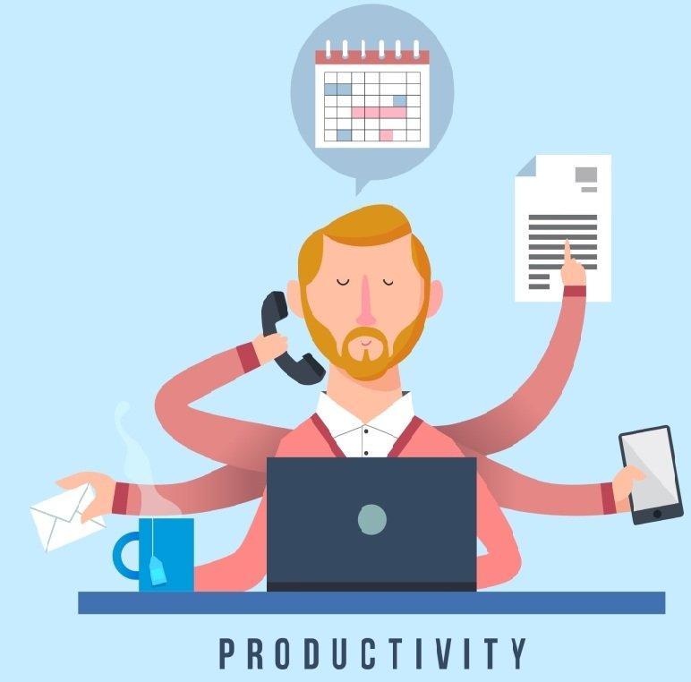 increase productivity at work - multi-handed multi-tasking male illustration image handling phone coffee, typing on the laptop, responding to chats on smartphone