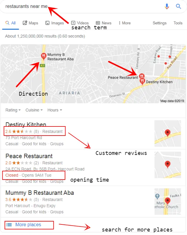 restaurants near me search screenshot - customer reviews local seo-how to use customer reviews to boost your local seo strategy in 2020