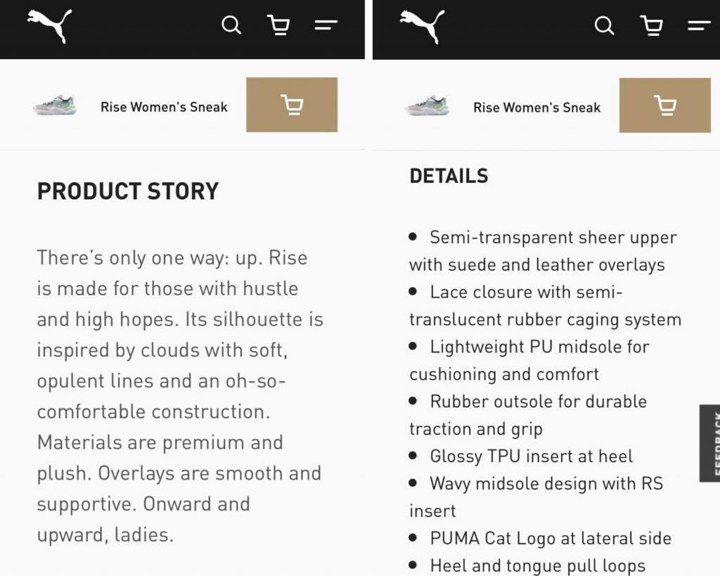 Puma's use of layout to write product descriptions that sell