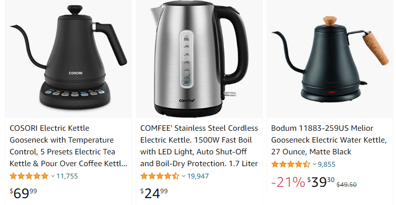 COMFEE' Stainless Steel Cordless Electric Kettle. 1500W Fast Boil with  LED Light