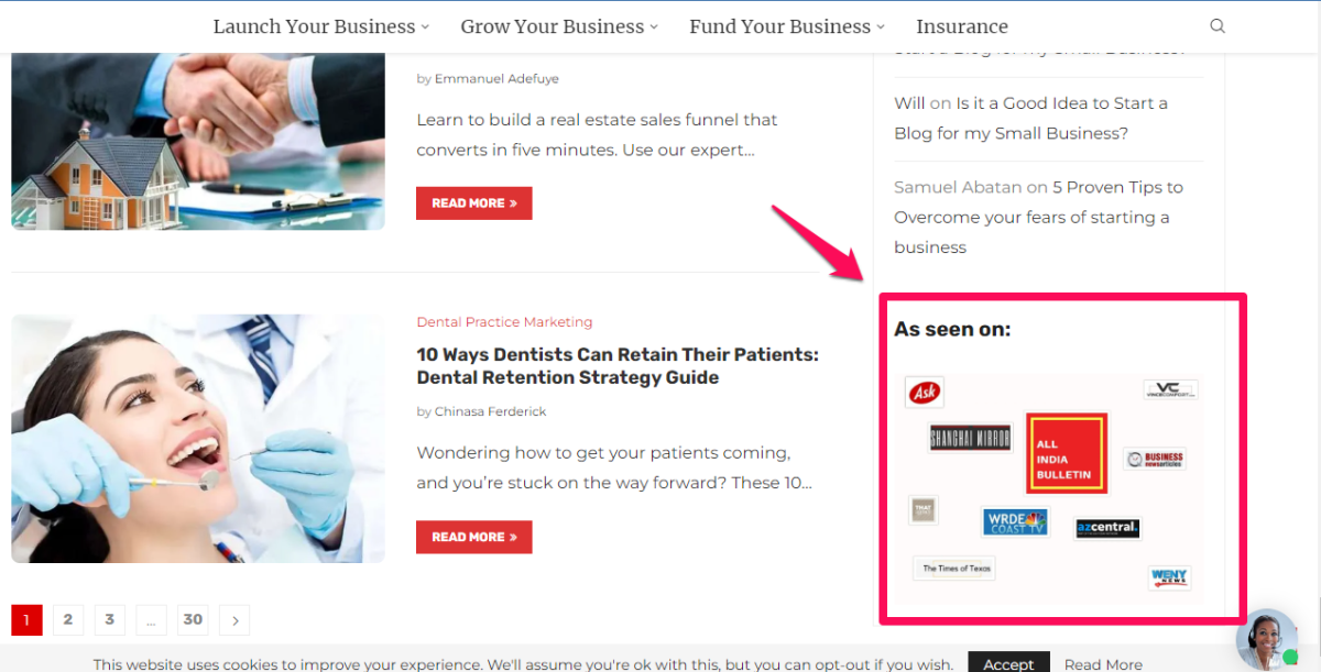 a screenshot of the As Seen On section of the smartentrepreneurblog website
