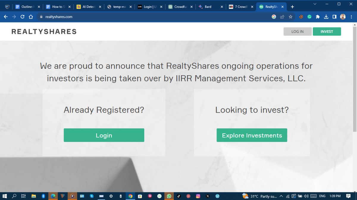 screenshot of RealtyShares website homepage