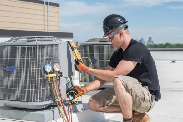 hvac keyword research | An HVAC professional in the united states fixing a broken down HVAC unit